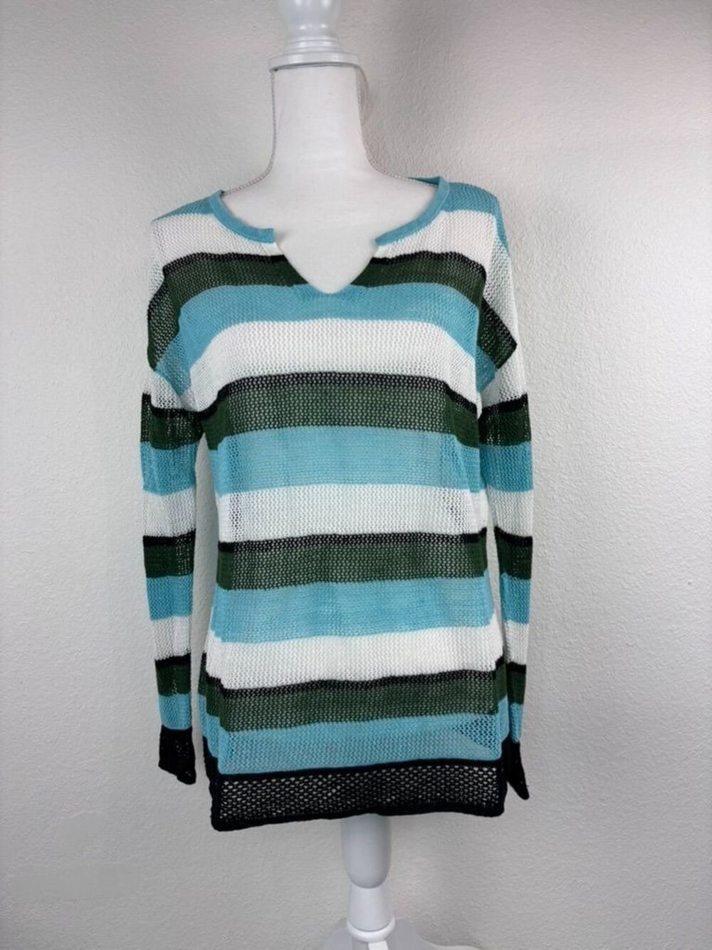 Talbots large blue green striped crochet loose knit top coastal linen casual